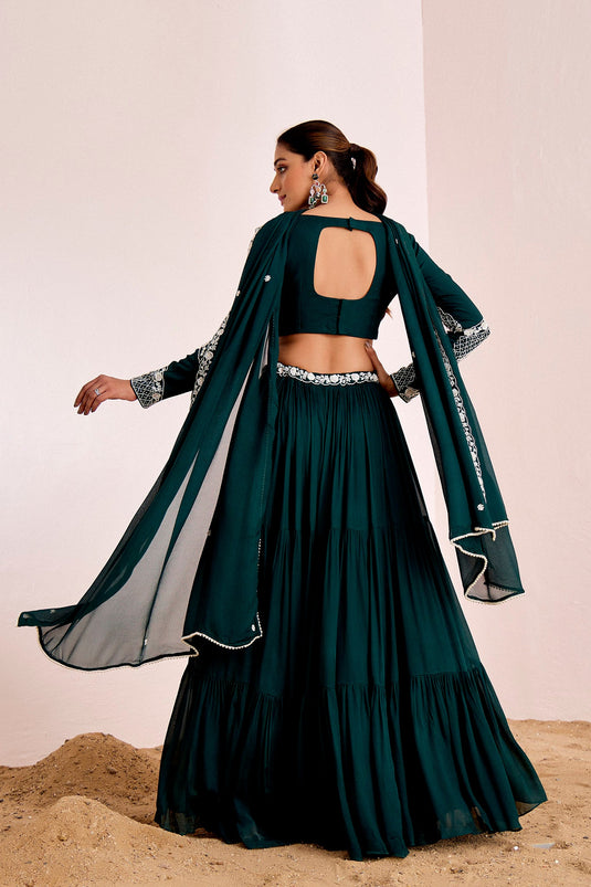 BOTTLE GREEN LAYERED LEHENGA SET