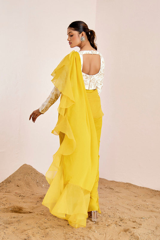 YELLOW PRE DRAPE SAREE WITH WHITE BLOUSE