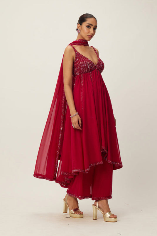 Ruby Red crystal embellished Kurta Set