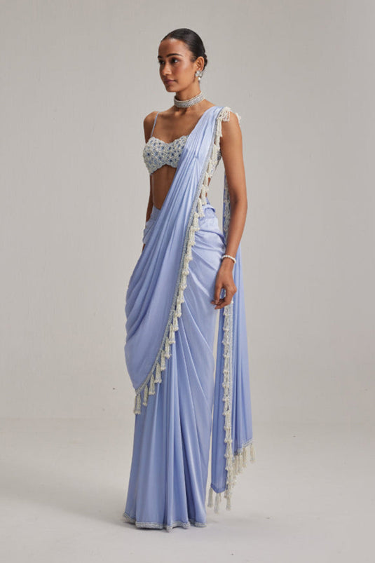 Dew Blue Satin Draped Saree Set