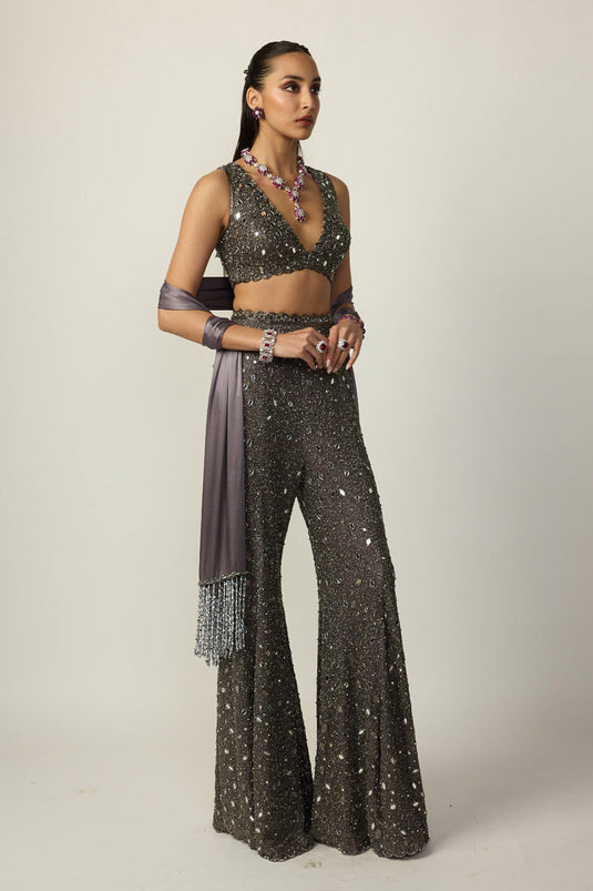 Metallic Grey Sharara Pant Set