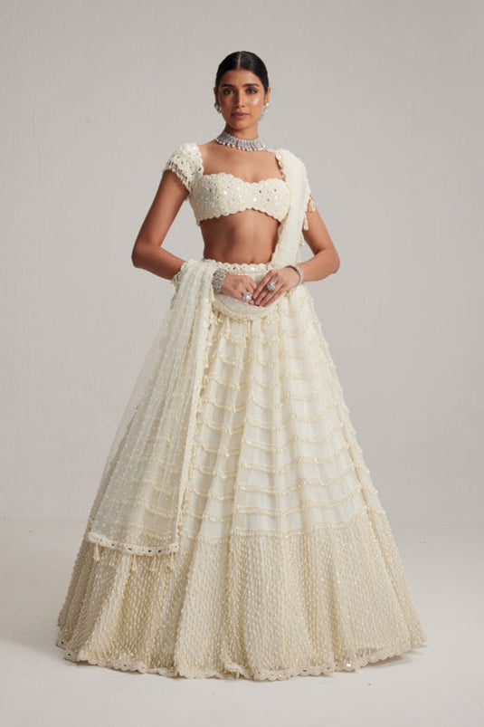 Off White Mirror and Pearl Drop Bridal lehenga set