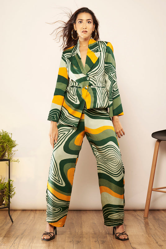 Light Green/Yellow Printed Asymmetric Blazer