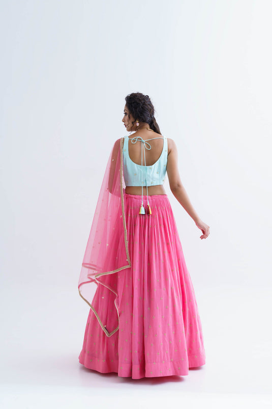 Pink Georgette Crepe & Net Pleated Lehenga Set