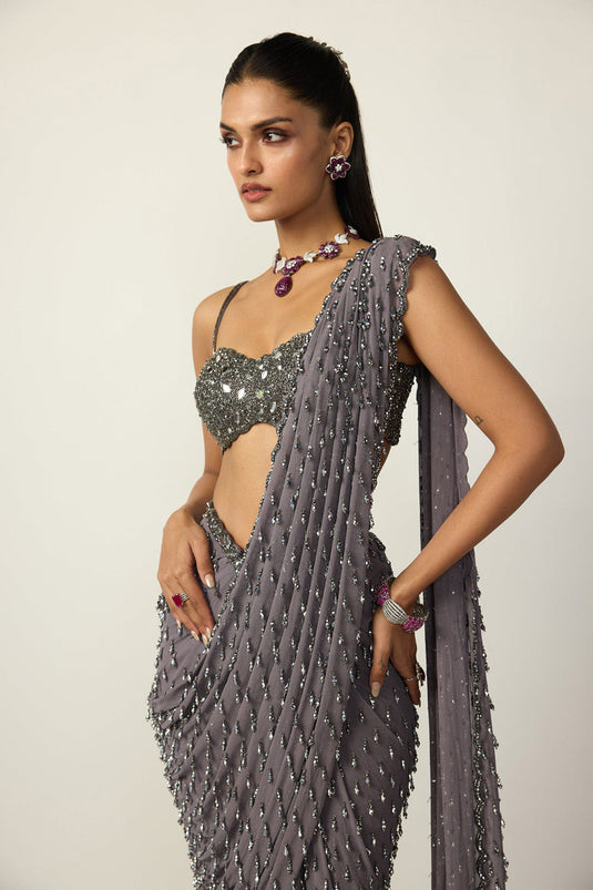 Metallic Grey Single Drop Draped Saree Set