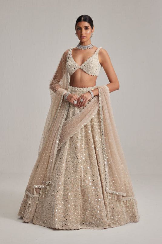 Light Beige Dense mirror and pearl lehenga set With Double Dupatta