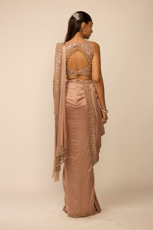 Bronze Ros� Satin Draped Saree Set