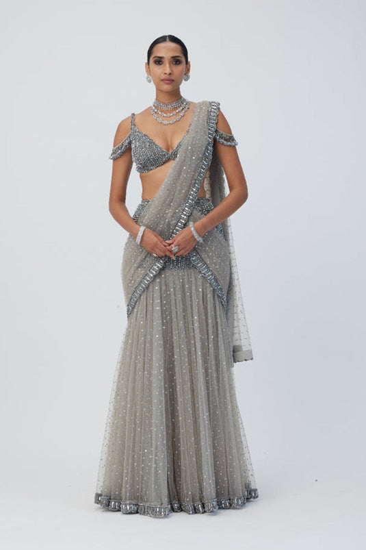 Crystal Grey Sequin Scattered Pre Draped Saree Set