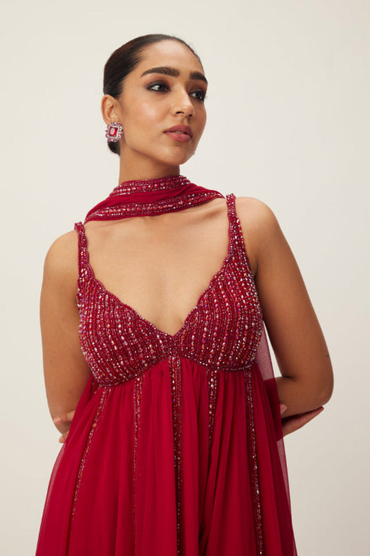 Ruby Red crystal embellished Kurta Set