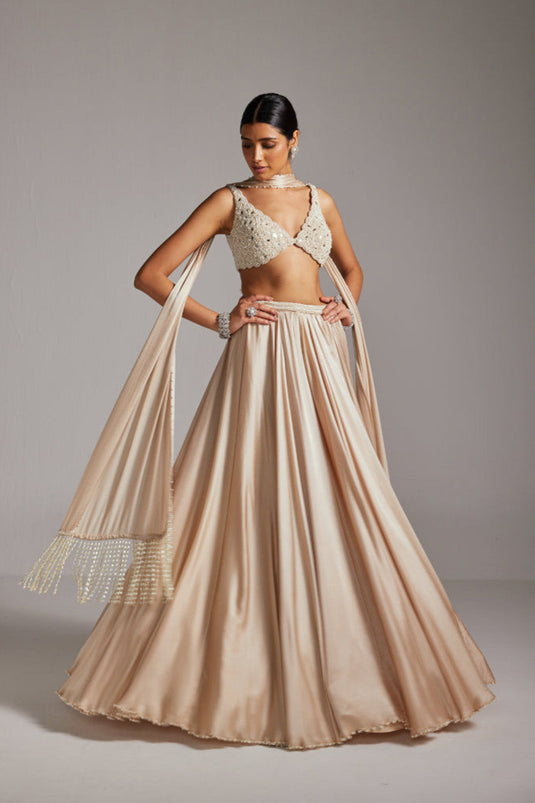 Light Beige V Neck Satin skirt Set