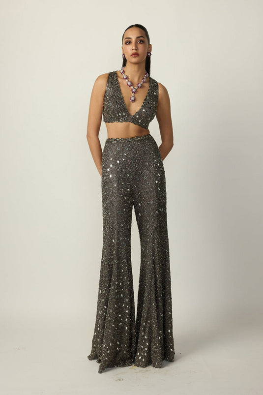 Metallic Grey Blouse Sharara Pant Set