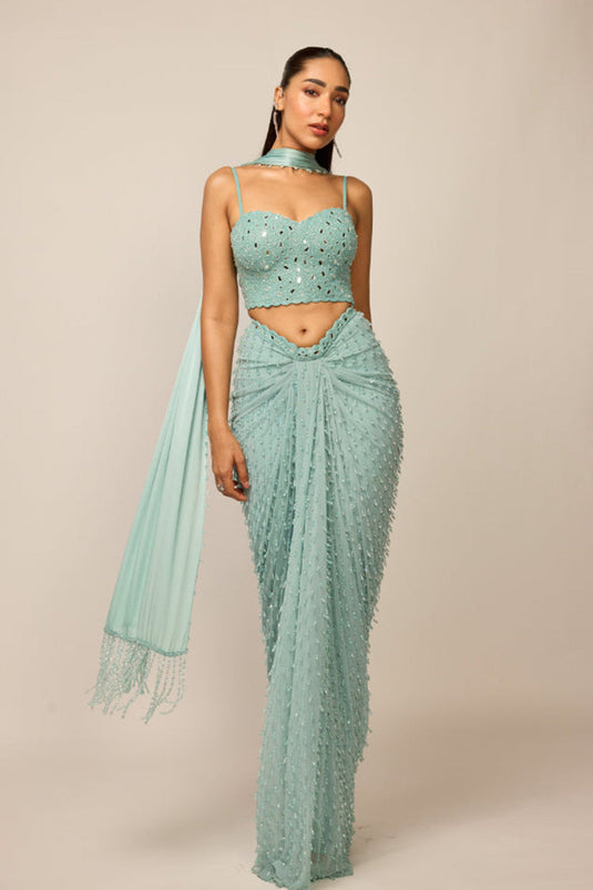 Powder Blue Single Drop Draped Skirt Set