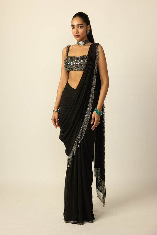 Black Georgette Tassel Saree