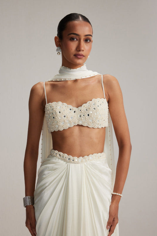 Off White Satin Draped Skirt Set