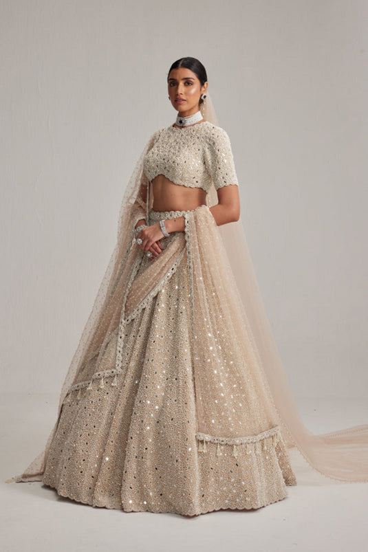 Light Beige Dense Pearl and mirror Lehenga Set with High Neck Blouse, Double Dupatta and Veil