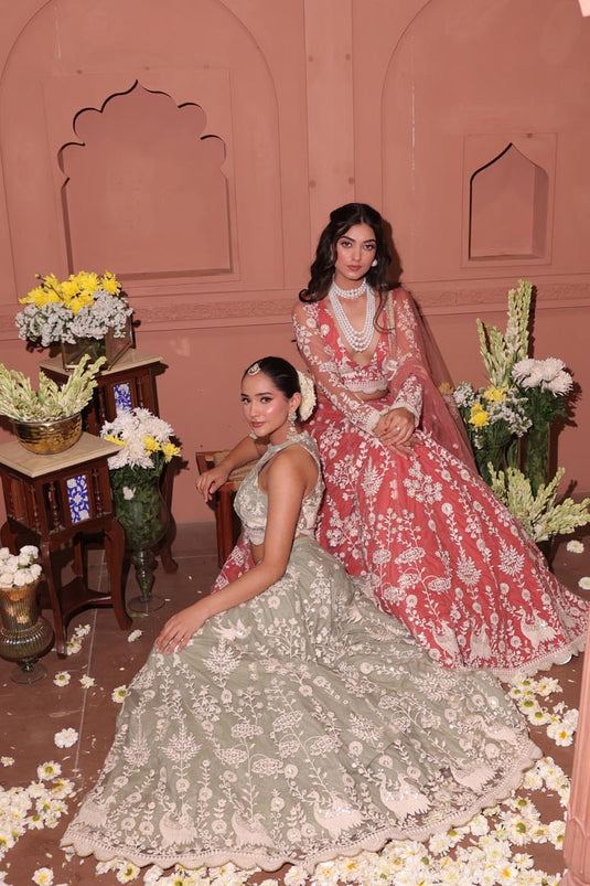 Rose Blush Embroidered Peacock Lehenga Set