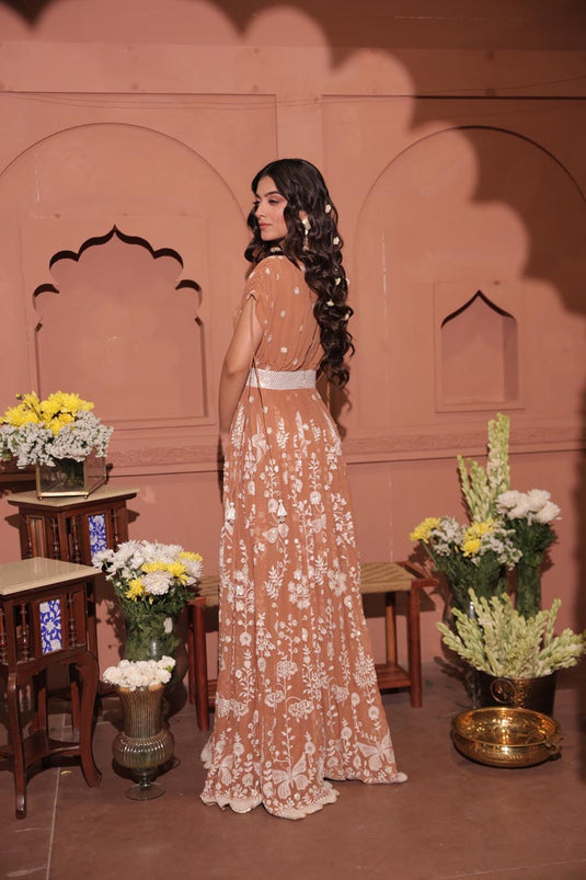 Mocha Blossom Embroidered Georgette Saree Set