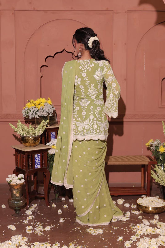 Lime Blossom Embroidered Georgette Saree Set