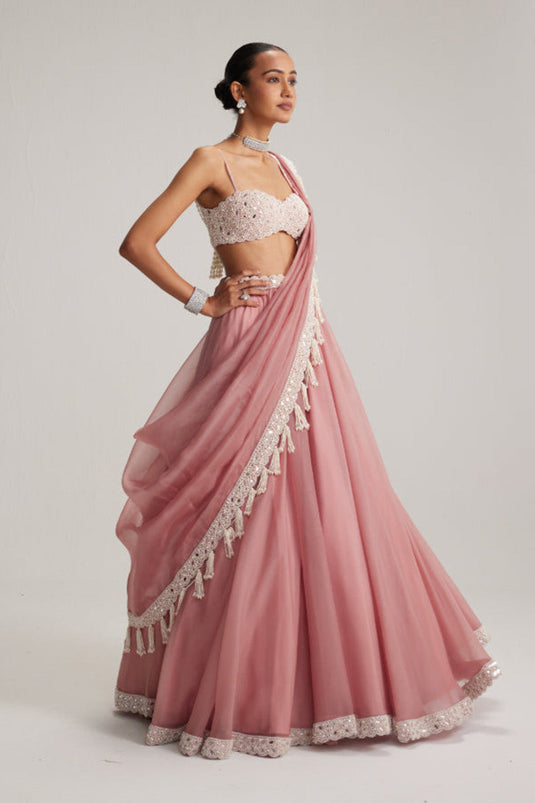 Dusty Rose Organza mirror and pearl lehenga set