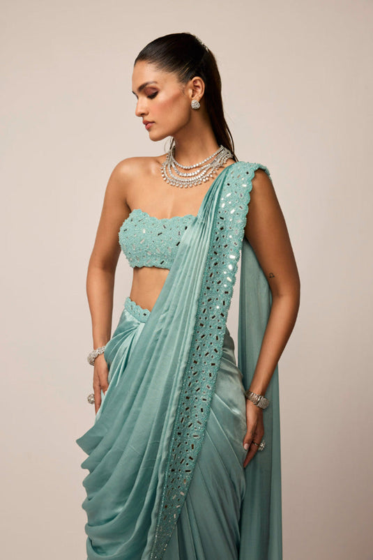Powder Blue Satin Draped Saree Set