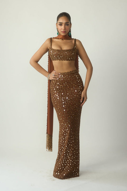 Metallic Copper Pencil Skirt Set