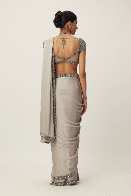 Crystal Grey Satin Saree Set