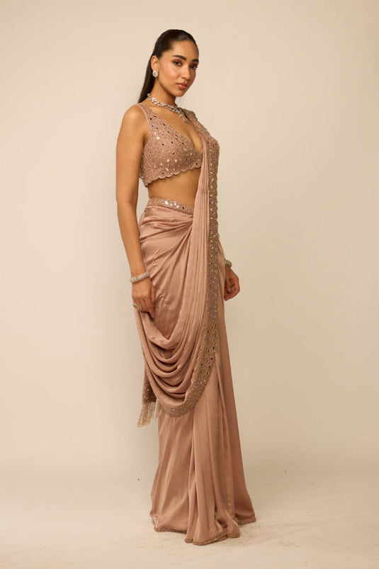 Bronze Ros� Satin Draped Saree Set