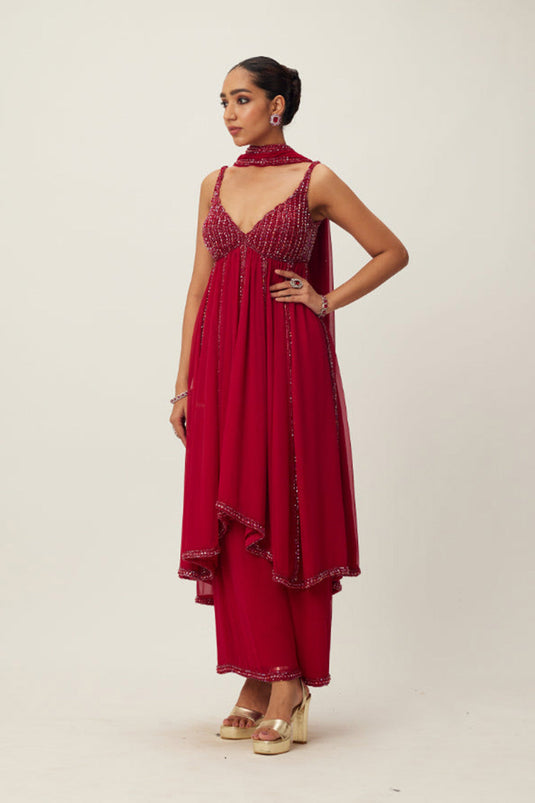 Ruby Red crystal embellished Kurta Set