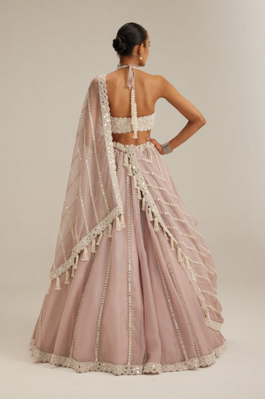Ash Pink linear embroidered Organza Lehenga Set