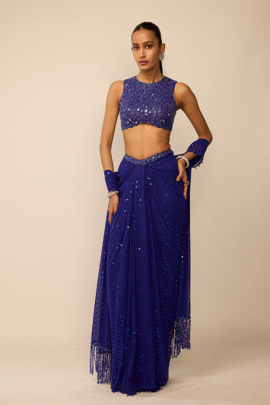 Cocktail Blue Sequins Embroidered Draped Skirt Set