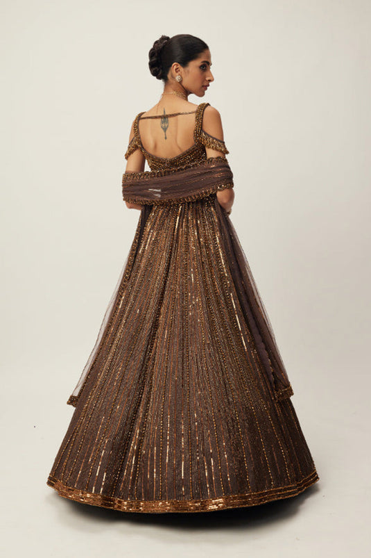 Copper crystal Linear embroidered Lehenga set