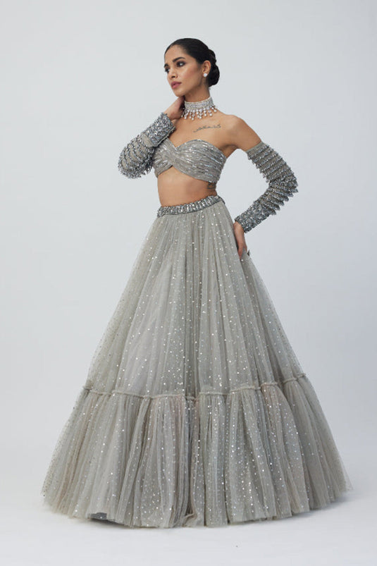 Crystal Grey Tulle Lehenga Set
