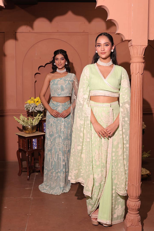 Embroidered Pleated Top with Drape Skirt