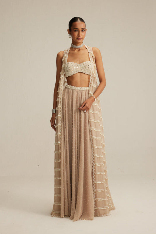 Light Beige Pearl Drop Jacket Set.