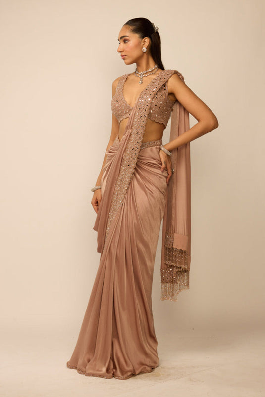 Bronze Ros� Satin Draped Saree Set