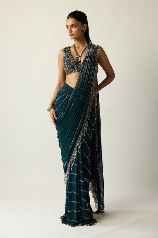Dark Teal Linear Draped Saree