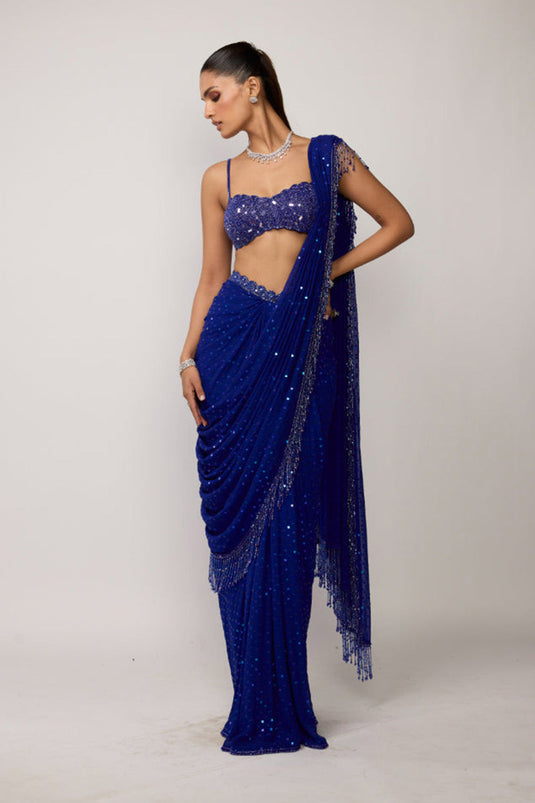 Cocktail Blue Sequins Embroidered Saree Set