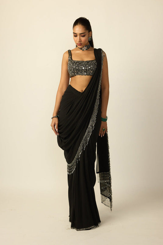 Black Georgette Tassel Saree