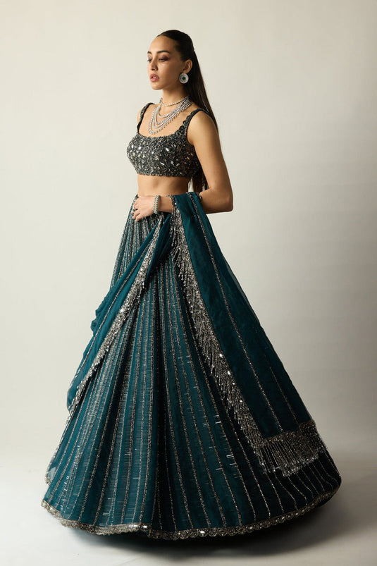 Dark Teal Linear Lehenga Set