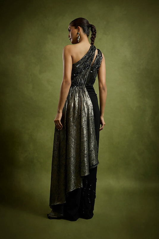One Shoulder Drape Metallic Jumpsuit