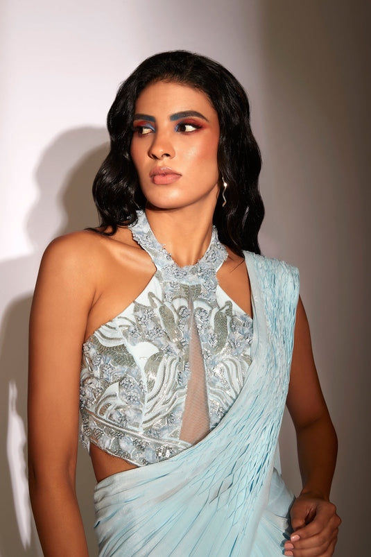 Blue Pre-Draped Saree