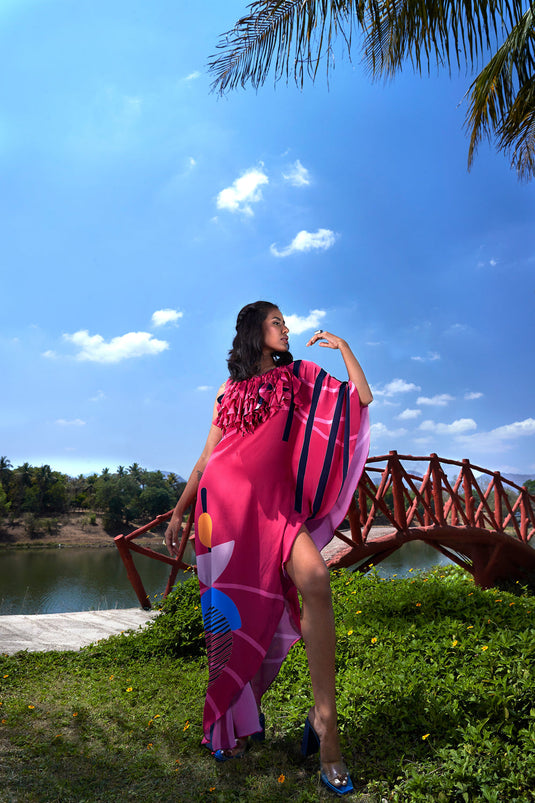 Pink Kaftan Maxi Dress with Ruffles