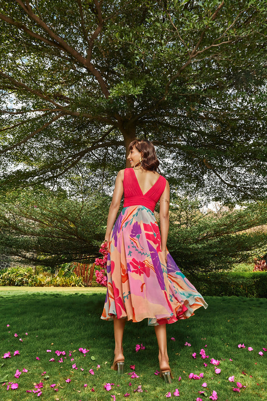 Printed Midi-Dress with Ruched Bodice