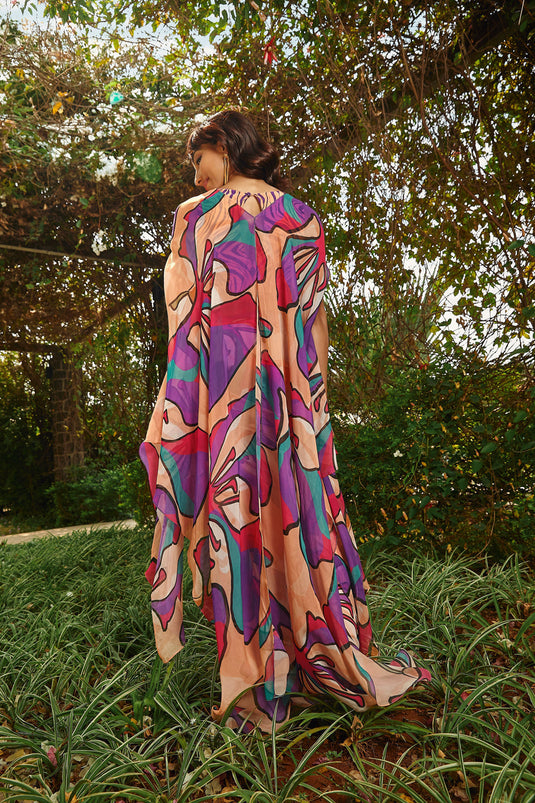 Floral Printed Drape Skirt Teamed with a Top and a Throw