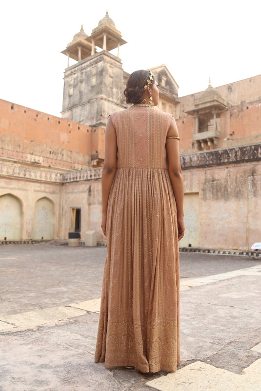 Soniya G - Peach Embroidered Poncho Set