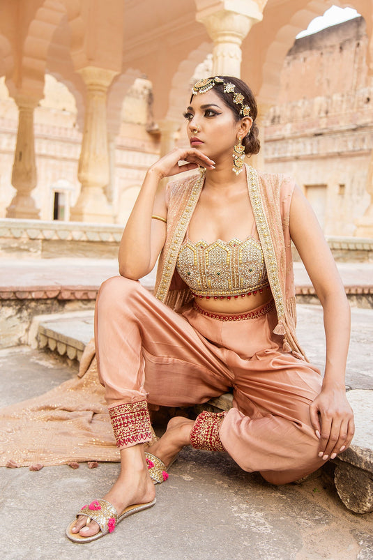 Soniya G - Peach Embroidered Poncho Set