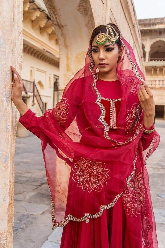 Soniya G - Crimson Red Embroidered Anarkali Set