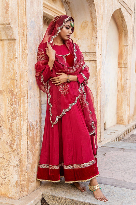 Soniya G - Crimson Red Embroidered Anarkali Set