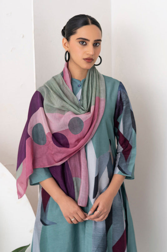 Salmon Pink & Wine Thin Chanderi Printed Stole  (1 PC)