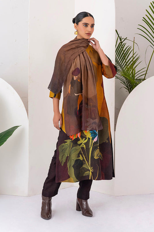 Shades Of Brown Thin Chanderi Printed Stole  (1 PC)